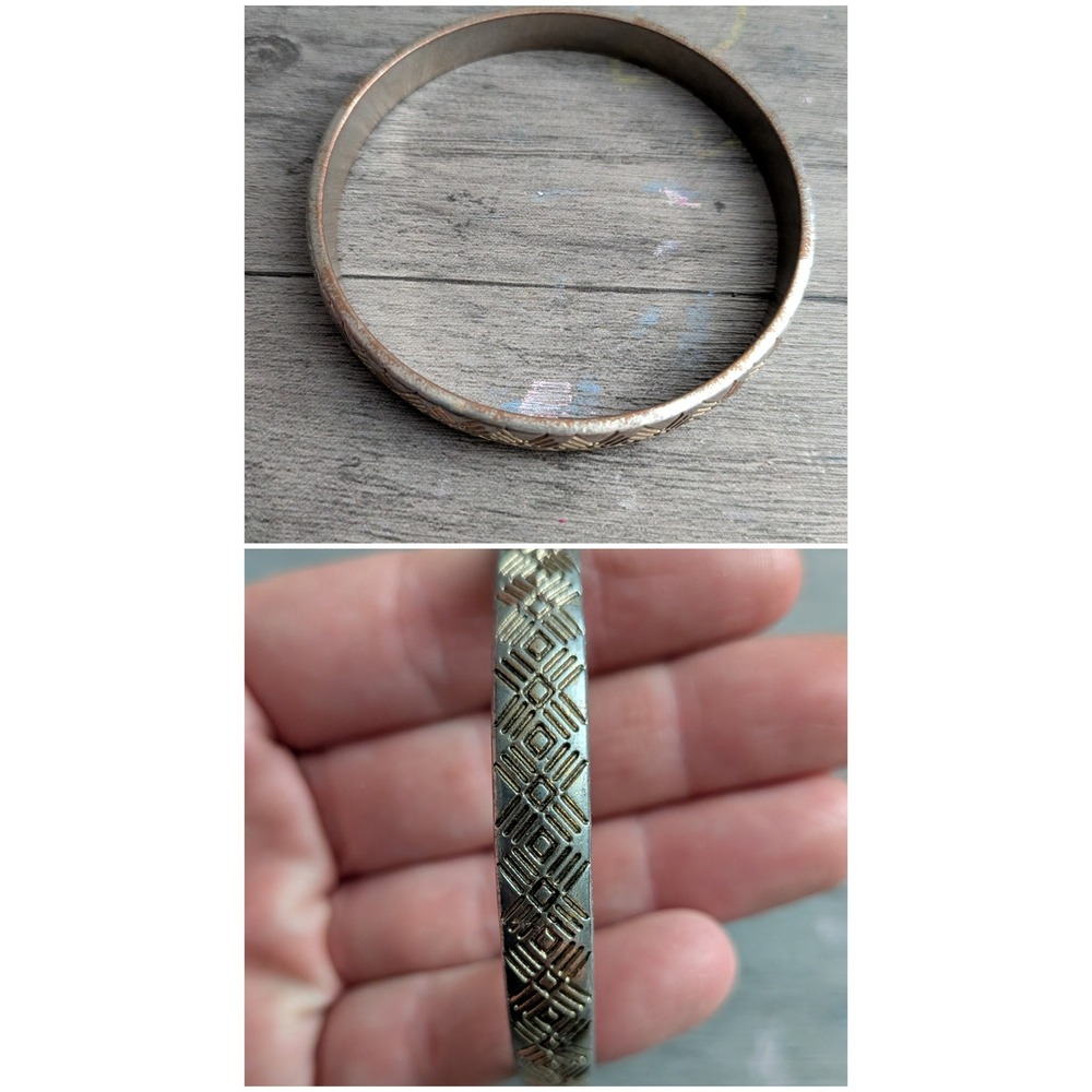 Vintage Silver Tone Etched Geometric Bangle Bracelet Boho Patterned Jewelry